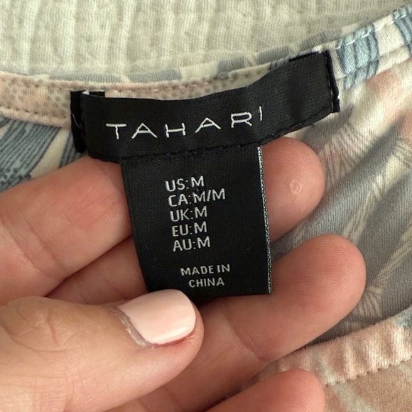 Tahari Blue and Pink Palm Leaf Print Midi Dress - Picture 3 of 10